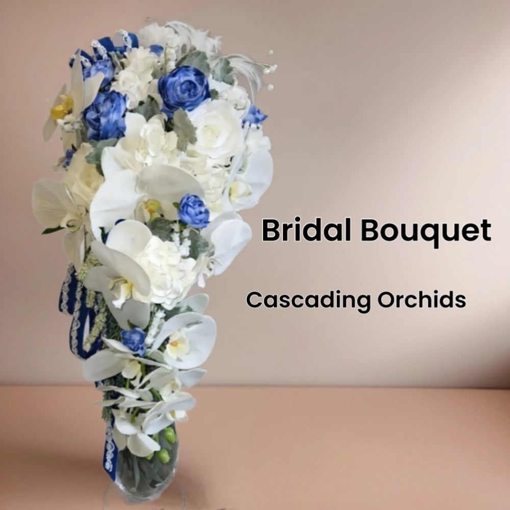 Bridal Bouquet Cascading Blue And White Flowers 20" Long